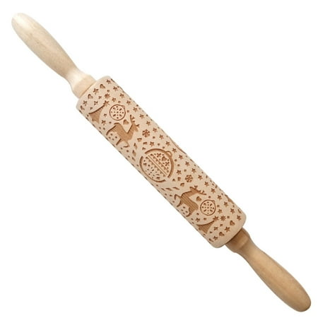 

Rolling Pin Christmas Print Carving Embossed with Wooden Handle
