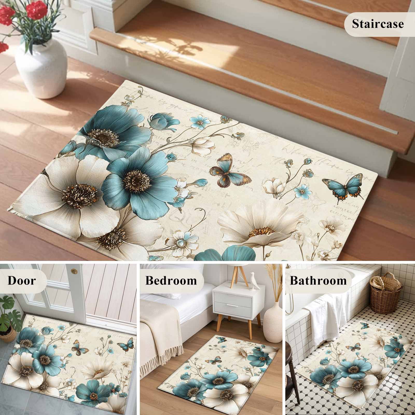 Teal Tulip Butterfly Entryway Rug 2'x3'&nbsp; Non Slip Front Door Mats, Turquoise Floral Farmhouse Beige Entrance Rugs Indoor Outdoor Carpet, Washable Floor Mats Small Area Rug for Bedroom Kitchen