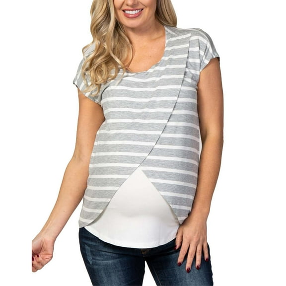 BLTIBY Womens Nursing Tops Maternity Summer Striped Printed Short Sleeve Round Neck Shirts Breastfeeding Shirt Pregnancy Clothes Gray M