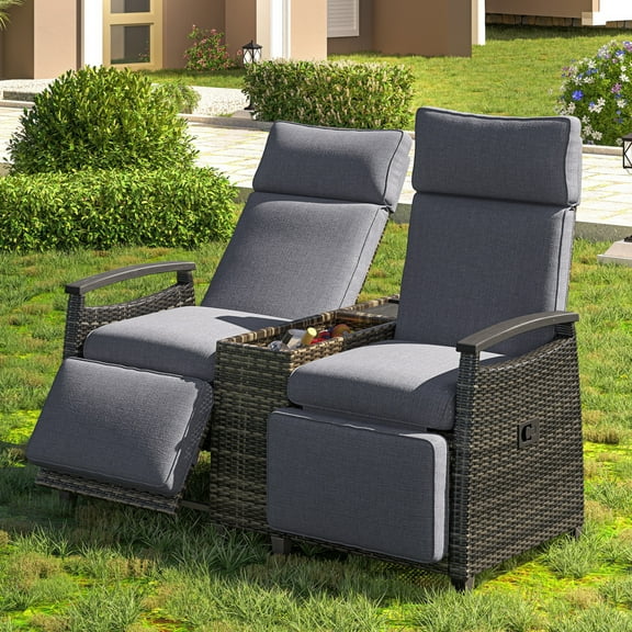 Segmart Patio Recliner Loveseat Chair, Adjustable Backrest Wicker Outdoor Lounge Chair Set with Acacia Wood Armrests and Built-in Storage Table for Balcony, Porch, Lawn, Gray