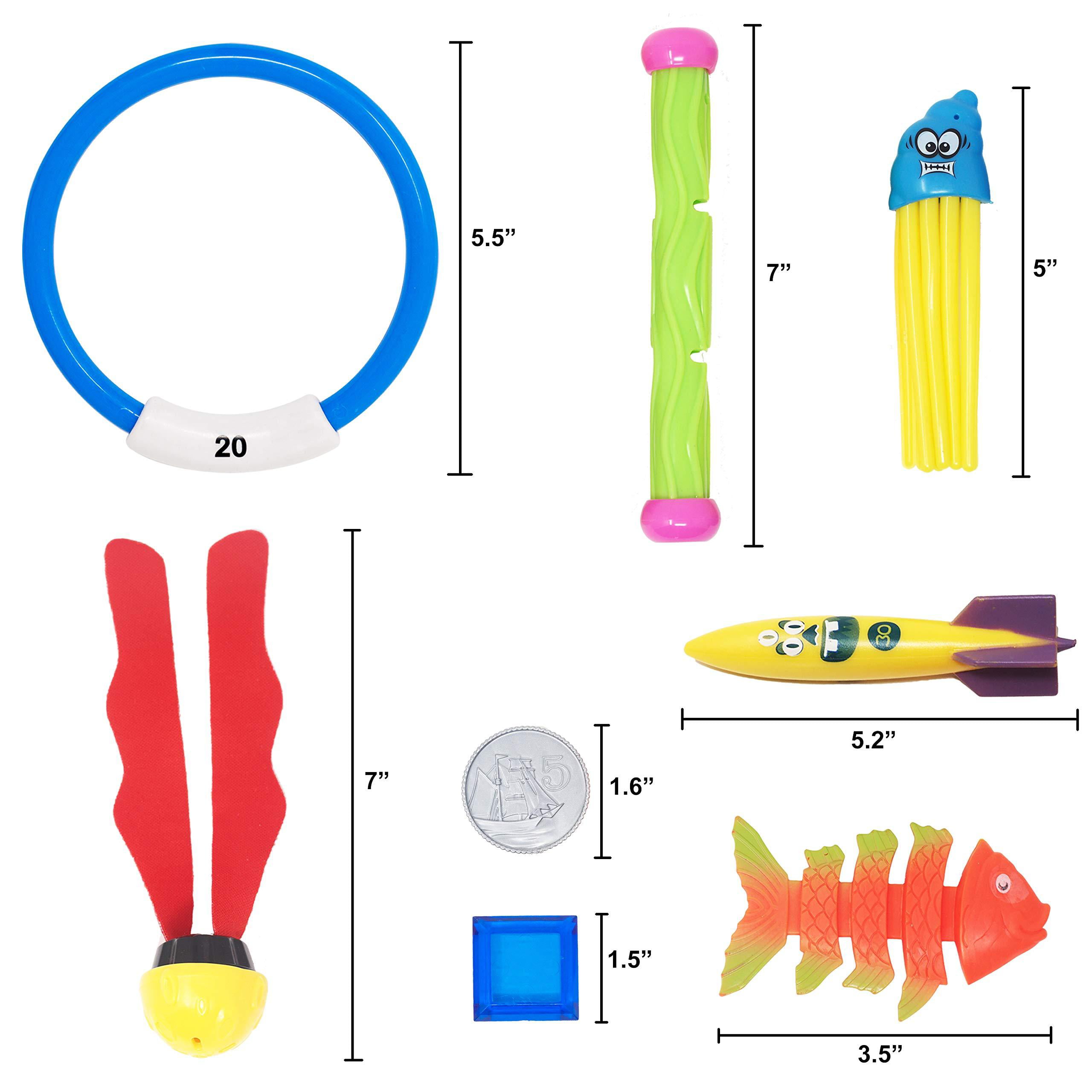 36 PCs Diving Pool Toys Deluxe Set w/ 4 Diving Sticks; 4 Diving Rings; 4 Toypedo Bandits; 12 Pirate Coins & Treasures; 4 Stringy Octopus; 4 Fish Toys; 4 Toy Balls for Kids Swimming Training Game 