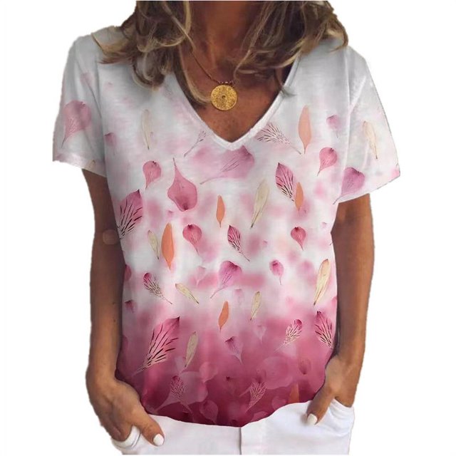 Nouveau Haut à Imprimé Floral pour Femmes Col en V T-Shirt à Manches Courtes Ample