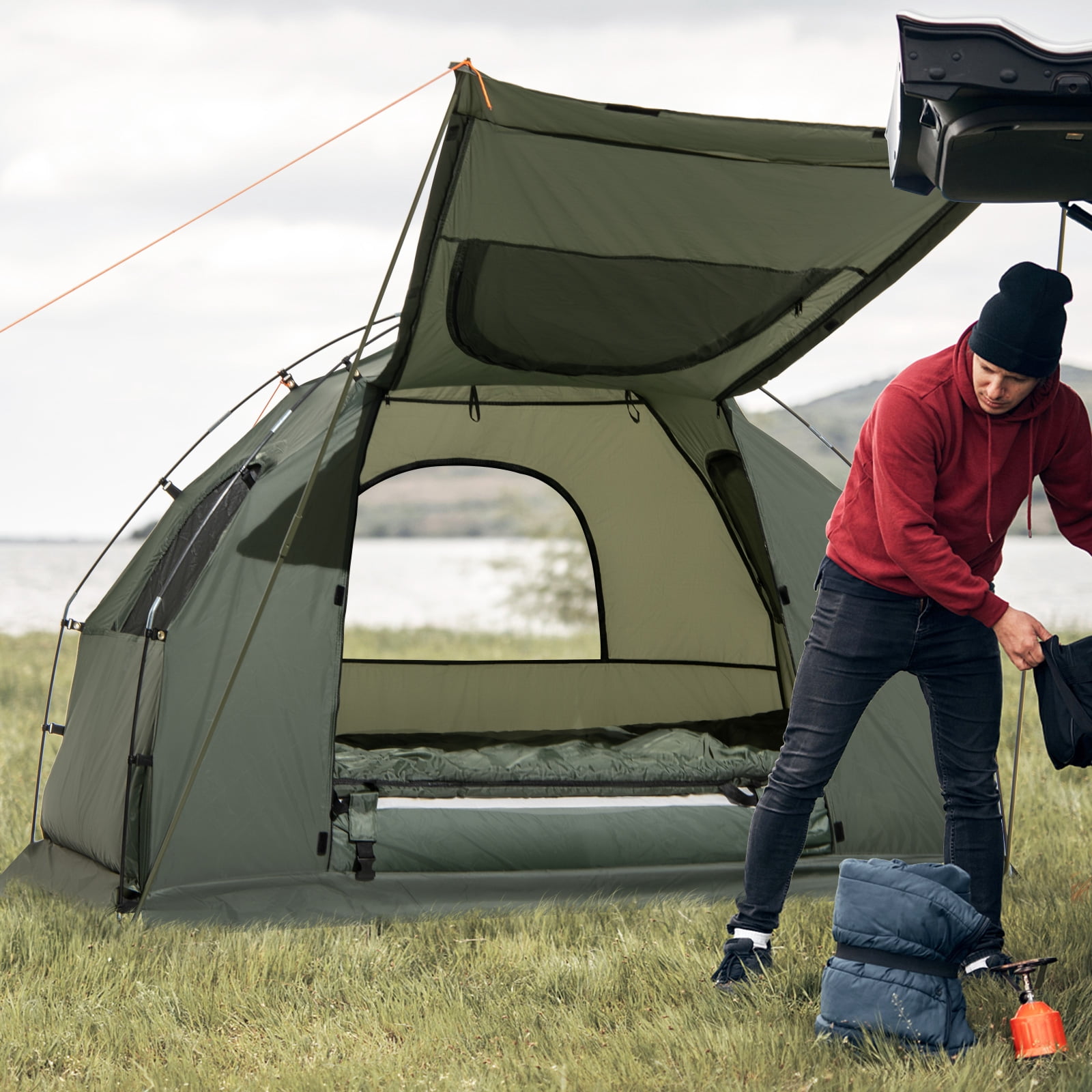 Patiojoy 1-Person Folding Camping Tent Cot Portable Pop-Up Tent w/Sleeping Bag & Air Mattress for Outdoor