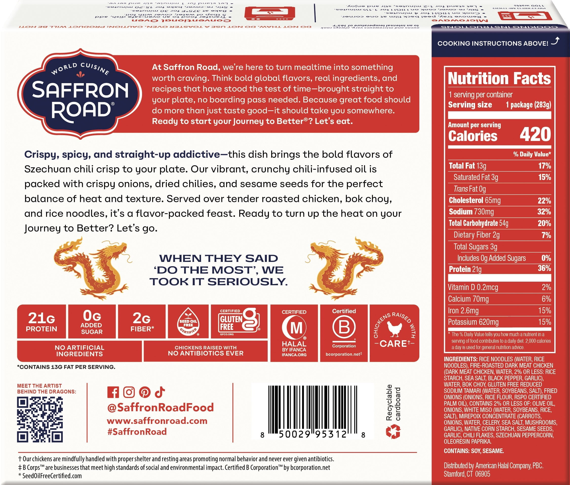 Saffron Road Chicken Chili Crisp Noodles Frozen Single Serve Meal 10 oz Halal Gluten Free