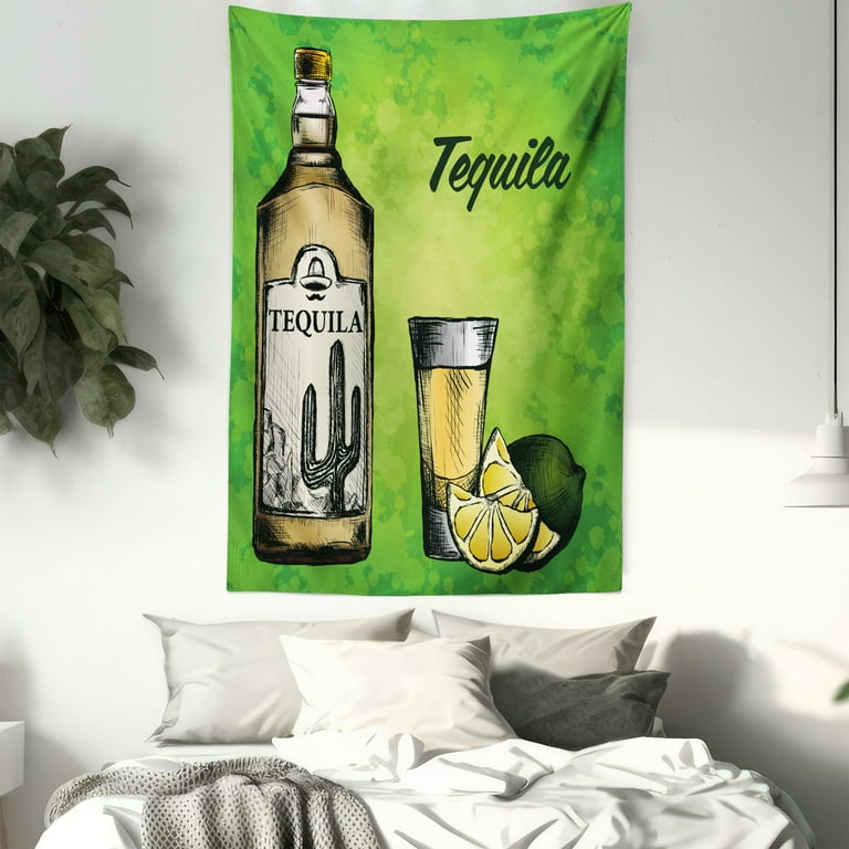 Tequila Tapestry Vintage Engraved Style Drawing of Bottle Glass and Lime Wall Hanging for Bedroom Living Room Dorm Decor 60 W X 80 L Lime Green