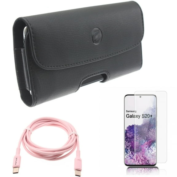 Case Belt Clip w Pink 6ft Long Cable w Screen Protector for Samsung Galaxy S20 Plus - Leather Holster Cover, USB-C to Type-C PD Fast Charger Cord, Tempered Glass [Fingerprint fits Galaxy S20 Plus