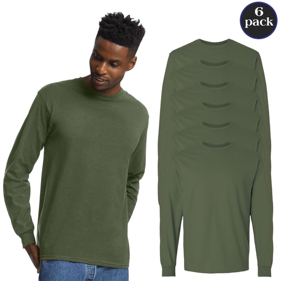 Gildan Ultra Cotton Long Sleeve T-Shirt-2400, Sun Protective Military Green Tee for Men, 6 Pack, S