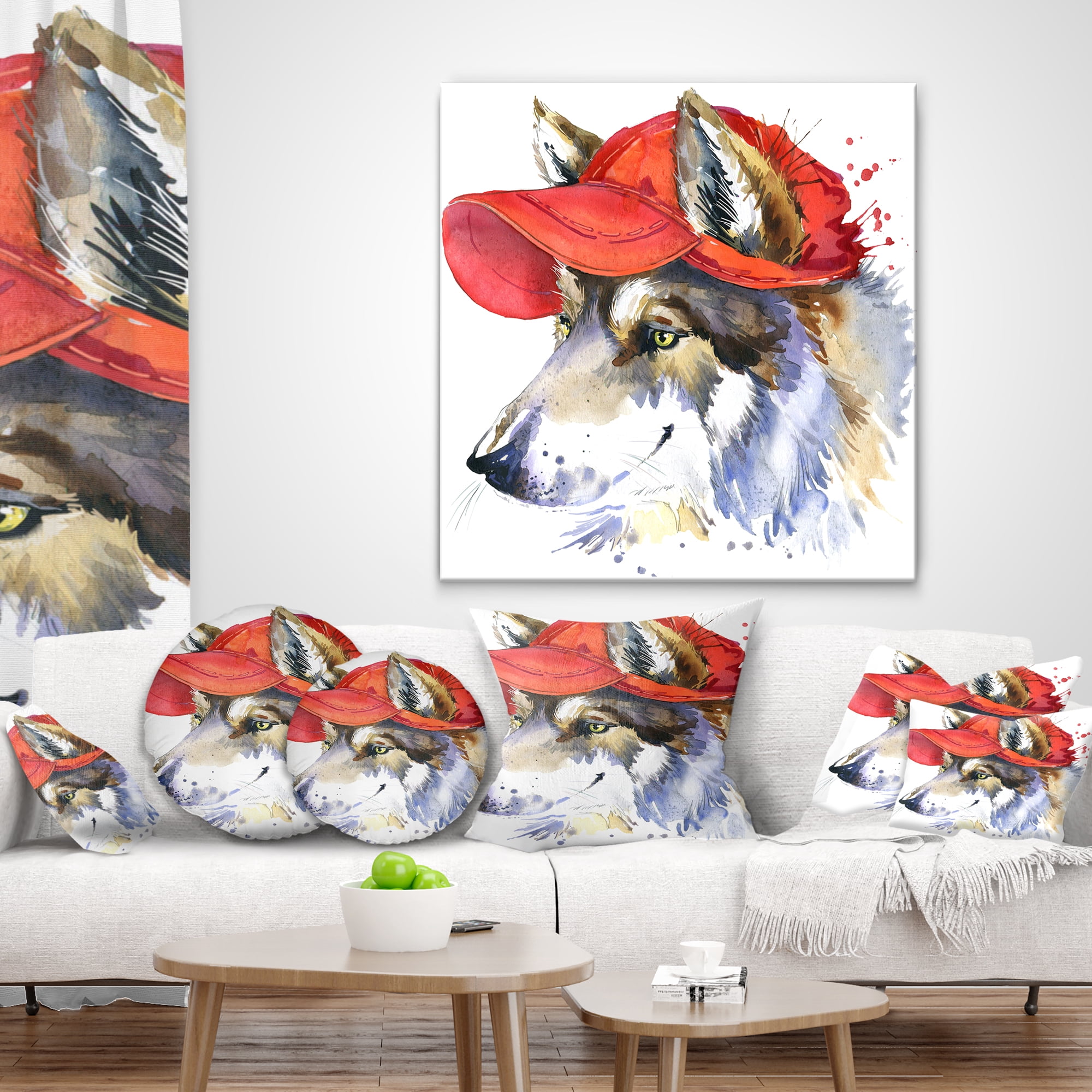 Designart Wolf with Red Cap Illustration - Animal Throw Pillow - 18x18