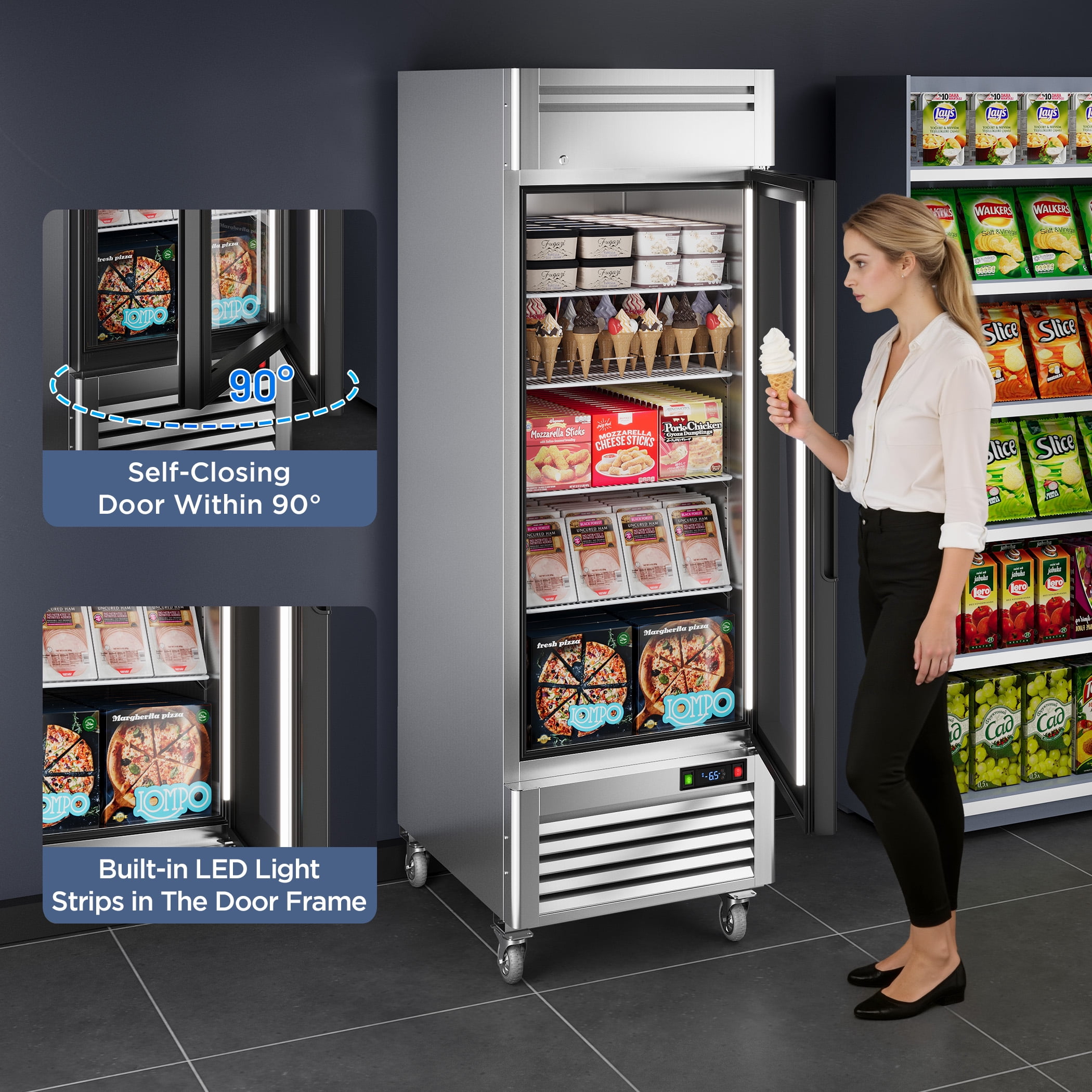 Coolake 27" Glass Doors Commercial Display Freezer, 23 Cu. Ft Stainless Steel Upright Merchandiser Freezer