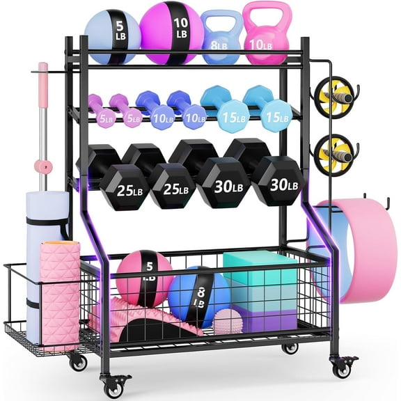 Dumbbell Rack, Adjustable Weight Rack for Home Gym Storage, All-in-One Workout Storage Racks with Wheels and Hooks for Dumbbells, Kettlebells, Yoga Mats & Balls, Durable Powder Coated Steel, Black