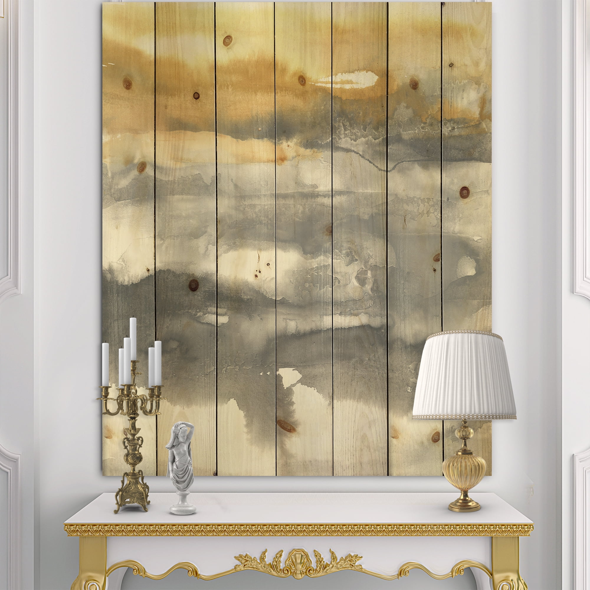 Designart 'Abstract Gold Glamour Direction II' Modern & Contemporary Print on Natural Pine Wood