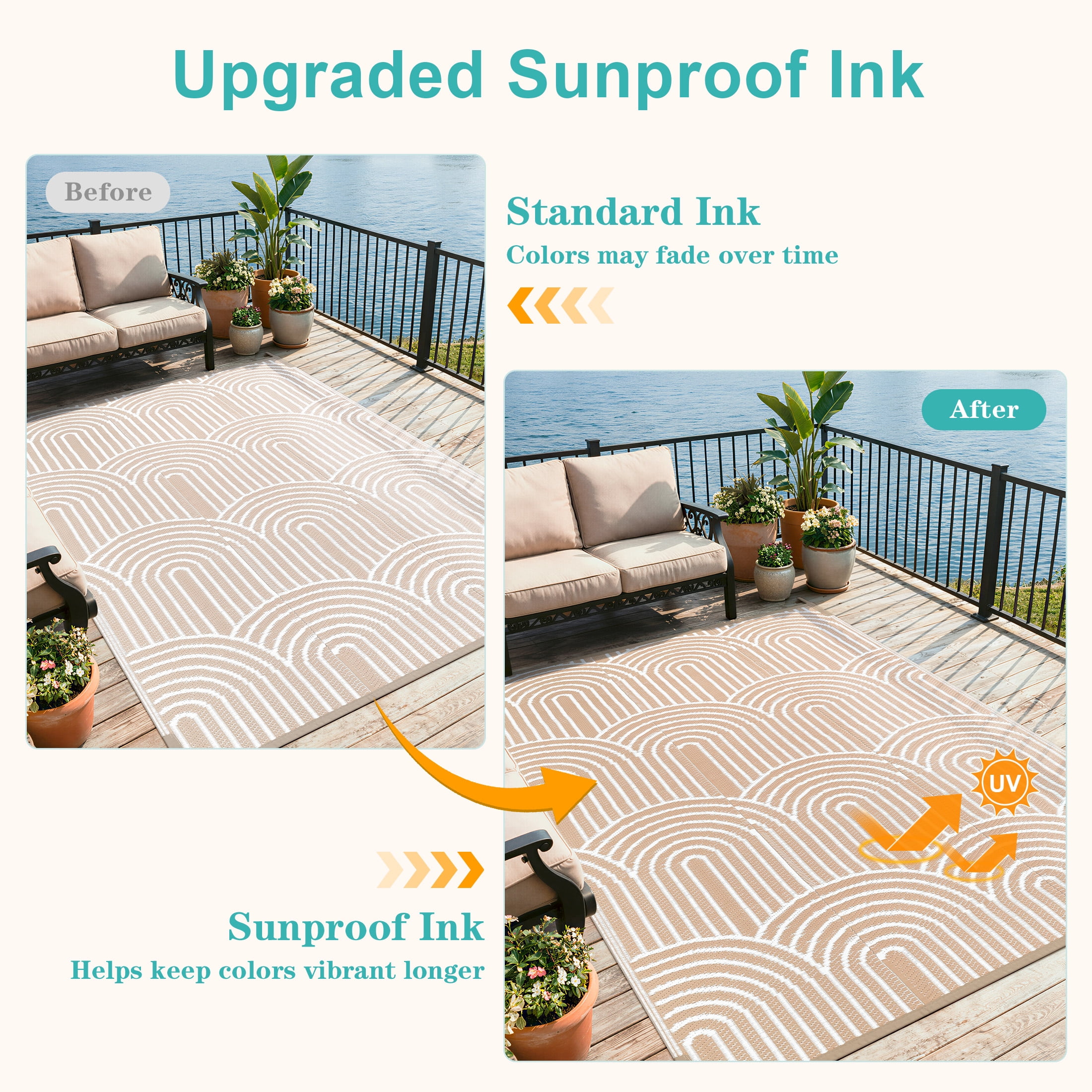 Lahome Decor 8’X10’ Rainbow Outdoor Rug for Patio,Beach Mats Waterproof, Camping Rug for Outside RV, Portable Plastic Straw Outdoor Area Rug for Backyard, Garden, Pool Deck,Light Khaki