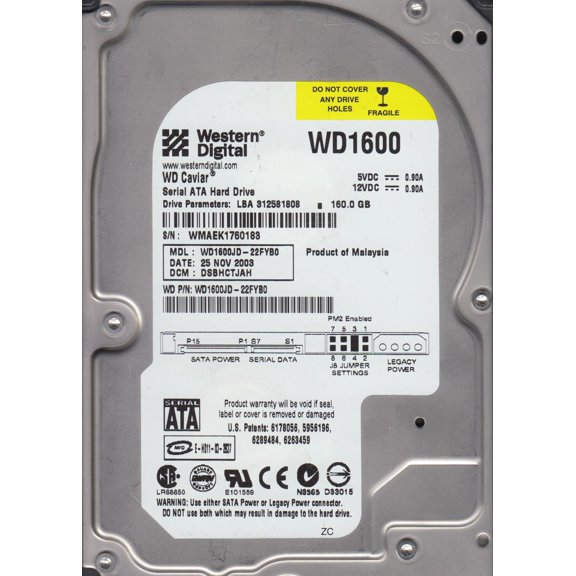 WD1600JD-22FYB0, DCM DSBHCTJAH, Western Digital 160GB SATA 3.5 Hard Drive