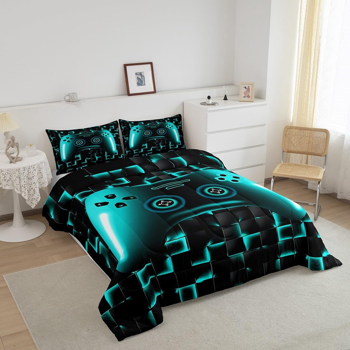 Erosebridal Gaming Twin Size Bedding Set Gamer Comforter Sets For Teen Game Controller Bedroom Decor,Neon Teal Glowing Geometric Grid Bedding,Black Abstract Check Square Comforter