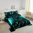 thumbnail image 2 of Erosebridal Gaming Twin Size Bedding Set Gamer Comforter Sets For Teen Game Controller Bedroom Decor,Neon Teal Glowing Geometric Grid Bedding,Black Abstract Check Square Comforter, 2 of 8