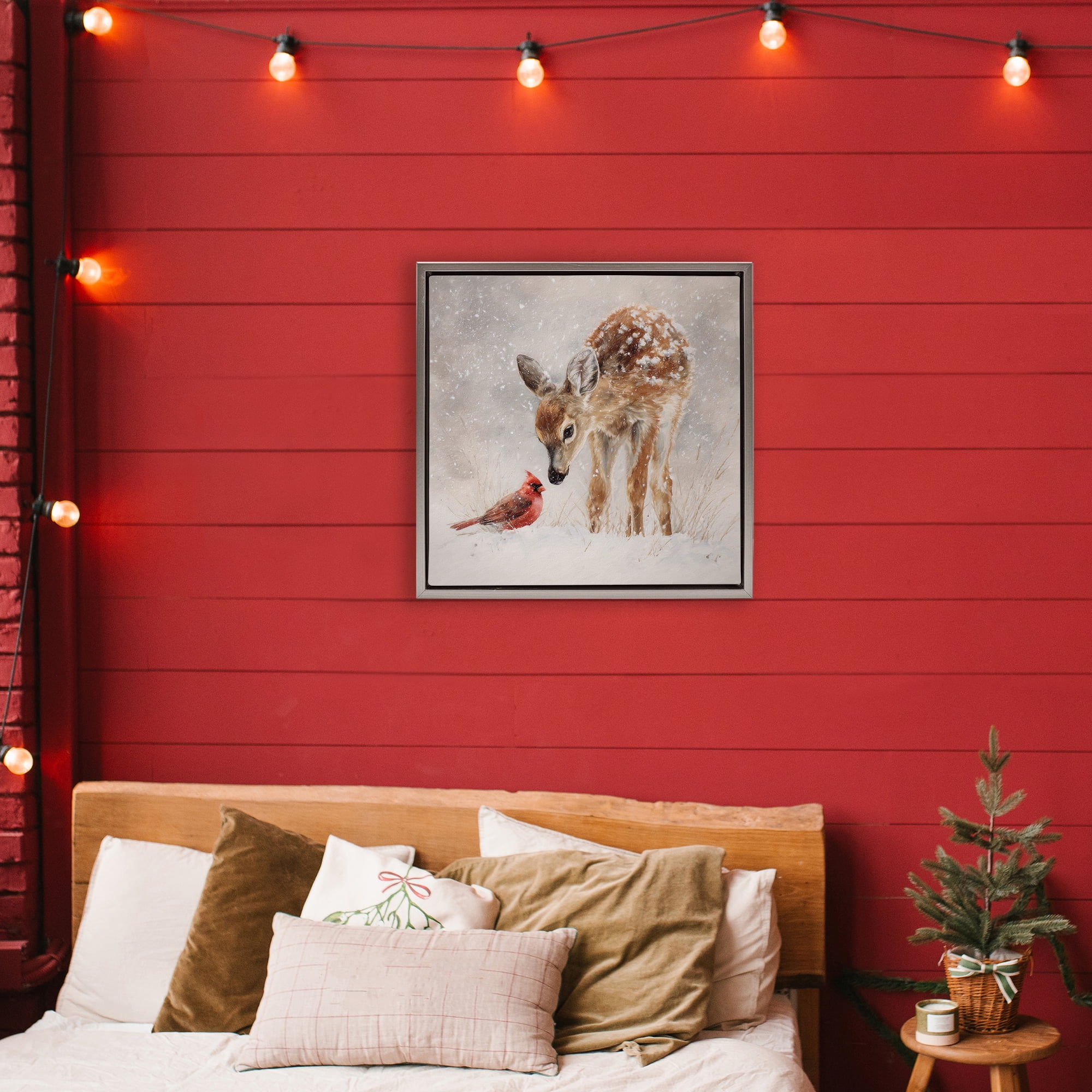 Stupell Industries Little Fawn & The Cardinal Gray Framed Floater Canvas Wall Art, design by Tina LeCour