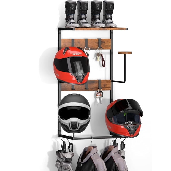Urban Deco Motorcycle Helmet Holder Wall Mount, Helmet Rack with 4 Hat Stands, Multi-function Helmet Hanger for Motorcycle Accessories