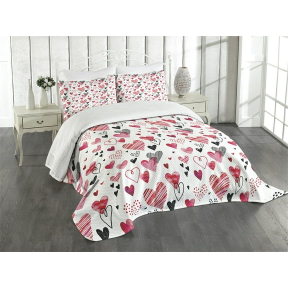 Ambesonne Valentines Quilted Bedspread Set 3 Pcs, Doodle Heart Designs, King Size, Black Red Pink