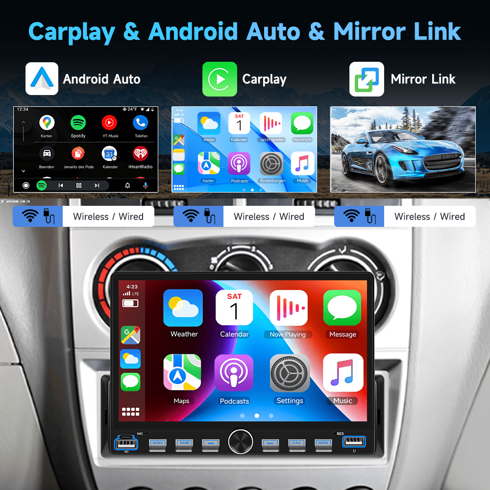 Podofo 7’’ Single Din Car Stereo with wireless CarPlay/Android Auto,Mirror Link, Rear View Camera USB&Type-C FM SWC BT EQ MIC