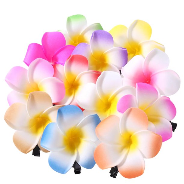 10 pinzas coloridas de flores de plumeria hawaiana, pasadores de pelo de flores hawaianas, pinzas para el pelo de fiesta en la playa, horquillas de flores tropicales artificiales para boda, 7 cm