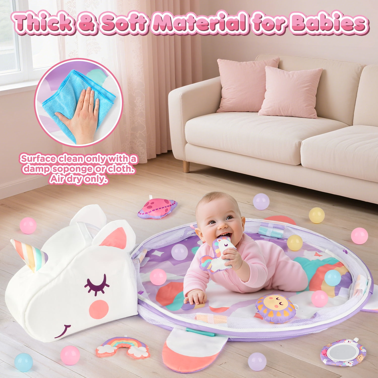 Beefunni Baby Play Mat, 4-in-1 Unicorn Tummy Time Mat & Ball Pit, Baby Activity Play Mat, Gym & Sensory Toys, 0-12 Months