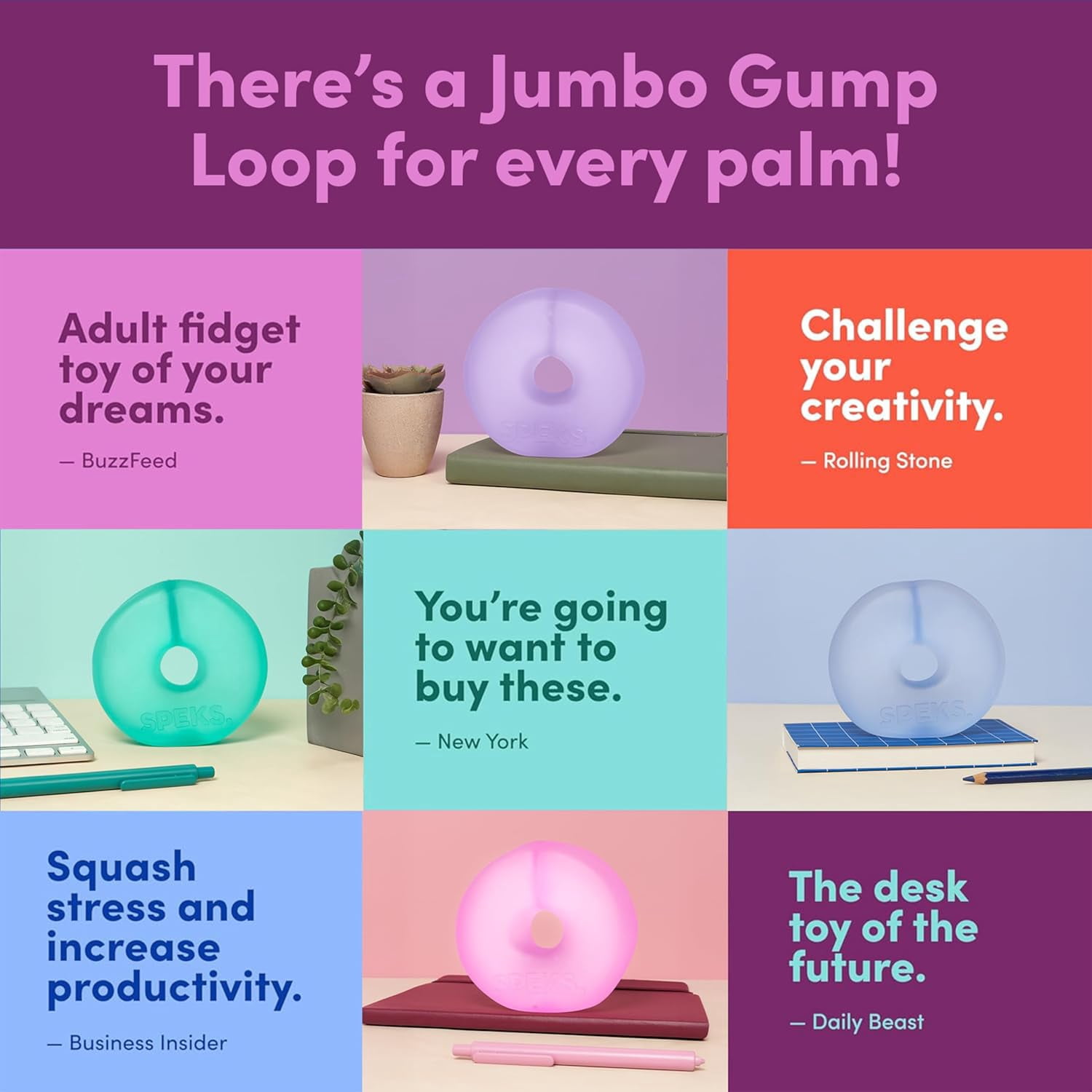 Gump Jumbo Loop Gel-Filled Stress Balls, Squeeze Toys for Adults Stress Relief & Focus (Cyan+Purple)