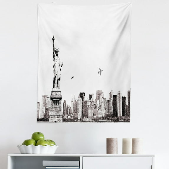 Urban Tapestry, Cityscape of New York City Famous of Liberty and Skyscrapers Drawing Print, Fabric Wall Hanging Decor for Bedroom Living Room Dorm, 5 Sizes, White and Grey, by Ambesonne