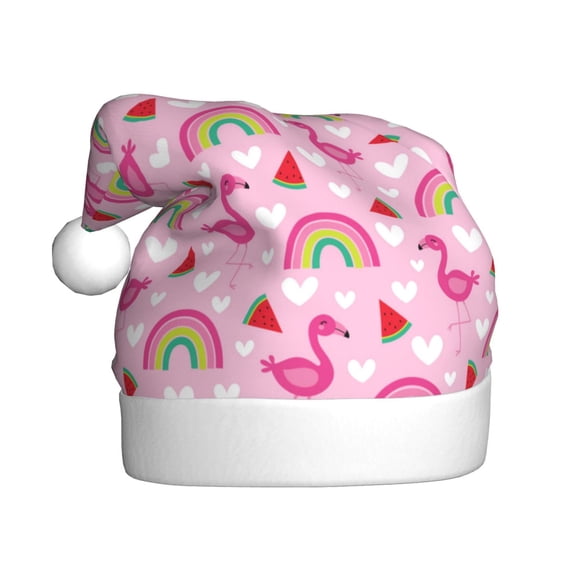 Fuzoiu Cute Flamingo Print Santa Hat Christmas Hat for Adults,Santa Hats with Pompom, Unisex Xmas Holiday Hat for Christmas New Year Festive Party Supplies