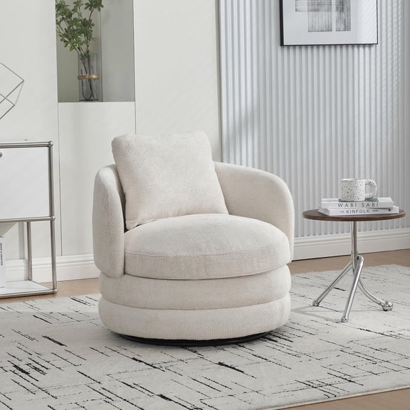 YYAo 360 Swivel Barrel Chair Round Comfy Chenille Accent Armchair with Cushion for Living Room, Bedroom, Reading Room, Balcony, Lounge, Beige