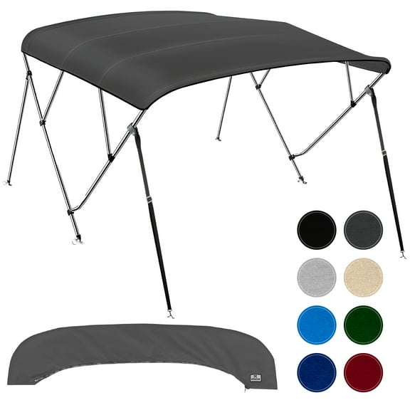 4 Bow Bimini Tops for Boats, Fadeproof, Support Poles, Storage Boot, 600D Marine Canvas, Sun Shade Boat Canopy, Universal Boat Cover For Pontoon, V-Hull, Fishing, Bass Boat 73-78", Charcoal Gray