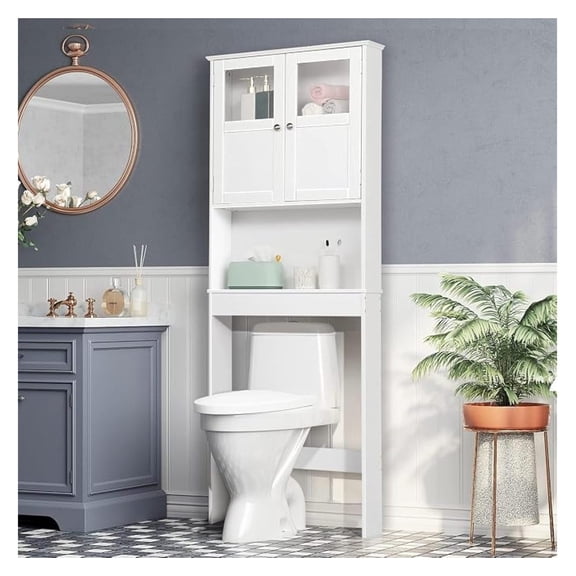 BoldGear Over The Toilet Storage Cabinet White Bathroom Storage Organizer Above the Toilet Shelf with Acrylic Glass Double Doors Wood Muebles para BañO Rack with Adjustable Shelf
