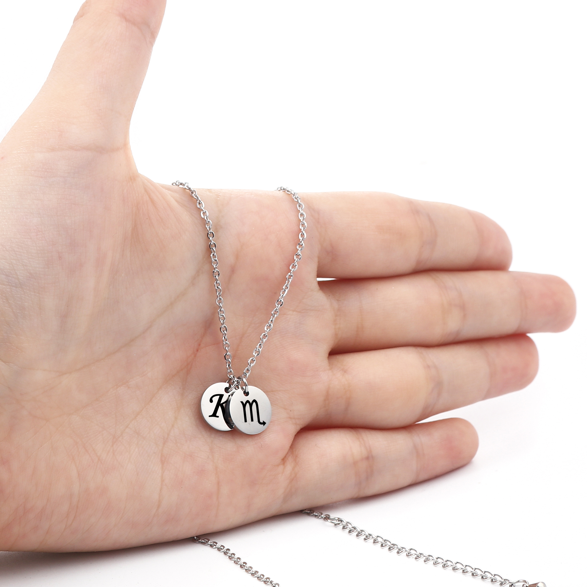 Personalized Round Constellation Initial Necklace - Engraved Zodiac Symbol Jewelry - Christmas Gift for Her - Stainless Steel - 18" Chain - Silver Scorpio