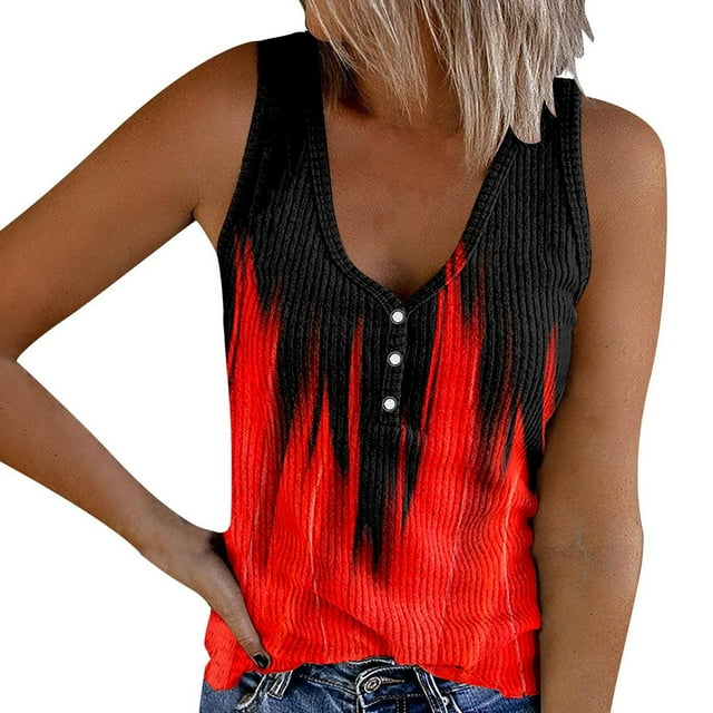 Gpoecd Débardeurs Décontractés Sans Manches pour Femmes pour l'Été avec Encolure Ronde et Décoration de Motif avec Jeans Débardeurs pour Femmes Rouge_015,S