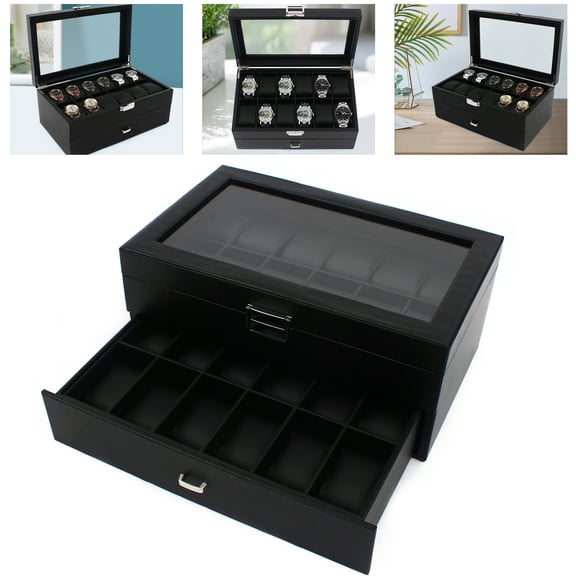 Dwellnix Watch Storage Boxes 24 Slot Lockable 2 Tier Organizer Watch Showcase Glass Top