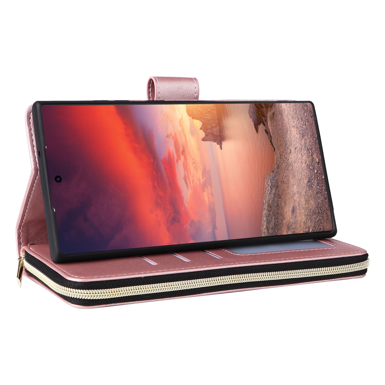 for Samsung Galaxy S24 Ultra Wallet Case, Multi-Functional Zipper Purse Case, with Flip Stand Card Holder PU Leather Phone Cover with Lanyard & Wrist Strap for Samsung Galaxy S24 Ultra, Rosegold