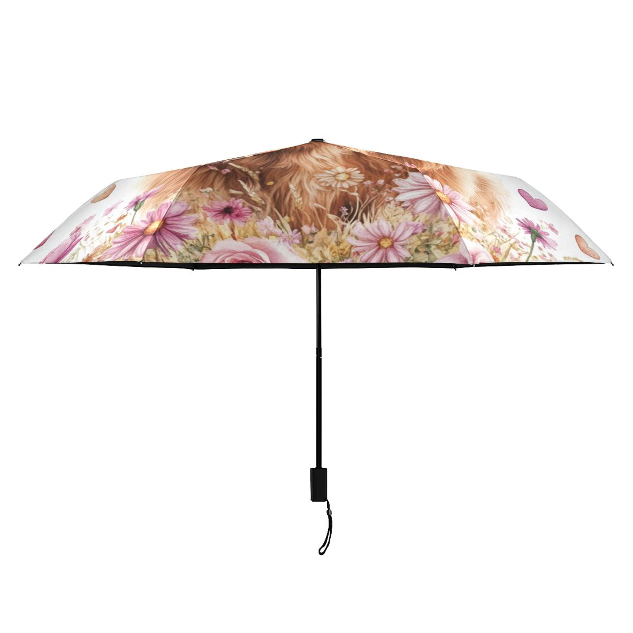 Highland Cow Roses Hearts Valentine All Weather Umbrella Triple Folding Parasol 6 Ribs UV Protection Portable