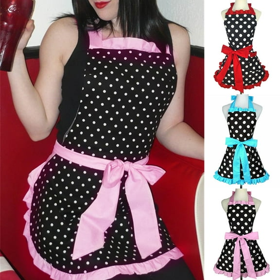 MTFun Cute Apron Retro Polka Dot Aprons Ruffle Side Vintage Cooking Aprons with Pockets Adjustable Kitchen Aprons for Women Girls Waitress Chef Mother's Day Gift