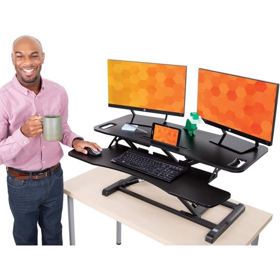 Flexpro Hero 37 Inch Standing Desk Converter, for Office and Home, Height Adjustable, 2 Level Sit to Stand Workspace with Keyboard Shelf & Monitor Riser, Sit or Stand (Black, 37 x 18 x 4.5 to 20)