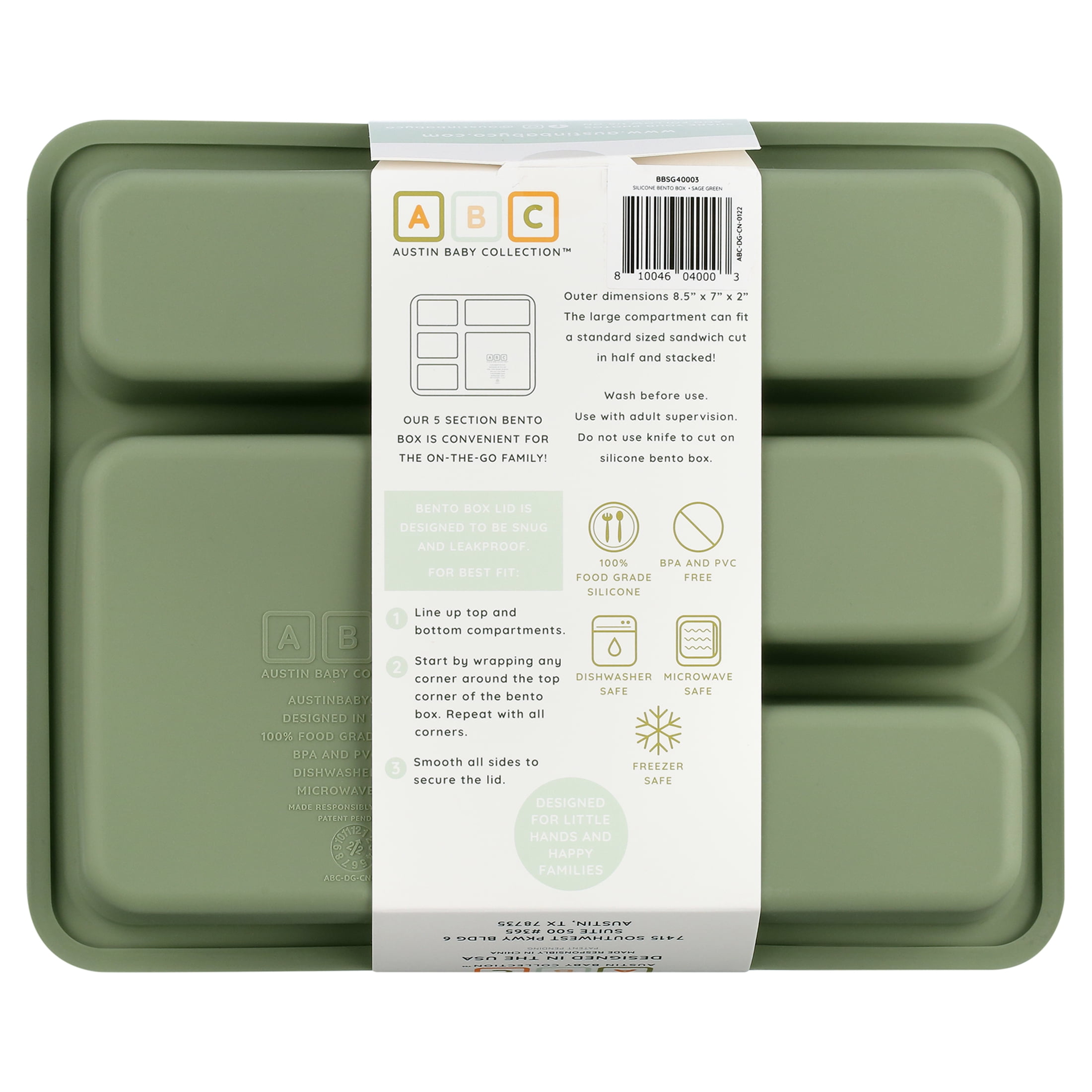 Austin Baby Co Bento Lunch Box for Toddler and Kids – Silicone Lunch Container with 5 Leak-Proof Compartments – Food-Safe Materials, Sturdy, Dishwasher Safe, and BPA Free (Sage Green)