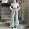 thumbnail image 2 of XIMIN Teen Girls Cute Cherry Print Embroidery Jeans Baggy Wide Leg Flare High Waisted Denim Pants Tween Kids Baggy Straight Leg Jeans Y2k Trousers, 2 of 8