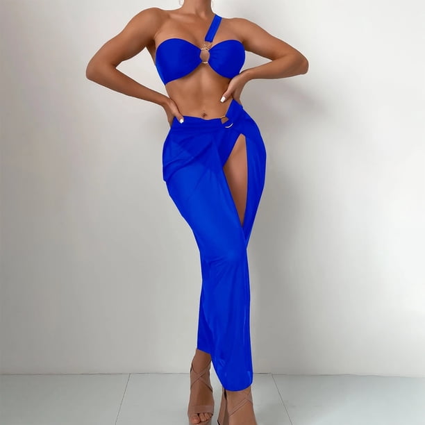 Bikini Mujer Traje de Baño Conjunto de Bikini Sexy Sin Tirantes Para Mujer, Traje de Baño de 3 Piezas Con Espalda Descubierta y Corte Alto Con Falda de Playa, Traje de Baño Tankini de Color Sólido