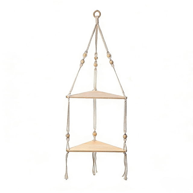 COM1950s Bohemian Macrame Shelf, Handwoven Rope and Wood Wall Corner Storage Organizer