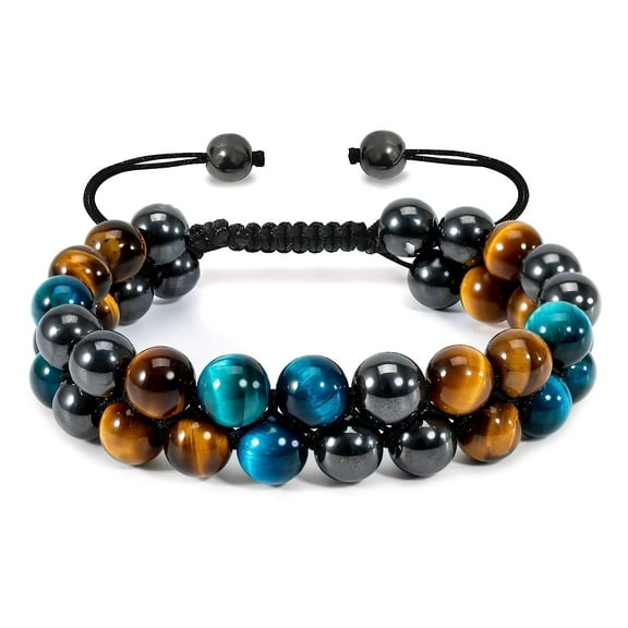 Fymlhomi Triple Protection Bracelet - Bracelet for Men and Women Natural Tiger Eye Stone Hematite and Obsidian 8mm Healing Crystal Bracelet Good Luck Prosperity Health