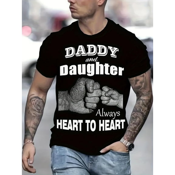 'DADDY AND DAUGHTER ALWAYS HEART TO HEART'' Pattern Print Men's Short Sleeve Comfy T-shirt, Graphic Tee Men's Summer Clothes, Men's Clothing, Father's Day Gift Tee For Adult, Men