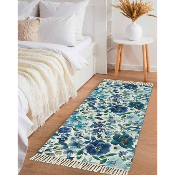 Abstract Floral Hallway Runner Rug 2x5ft,Blue Flowers Retro Country Watercolor Washable Woven Living Room Bedroom Kitchen Bathroom Carpet with Tassels,Indoor Outdoor Throw Door Mat for Entryway