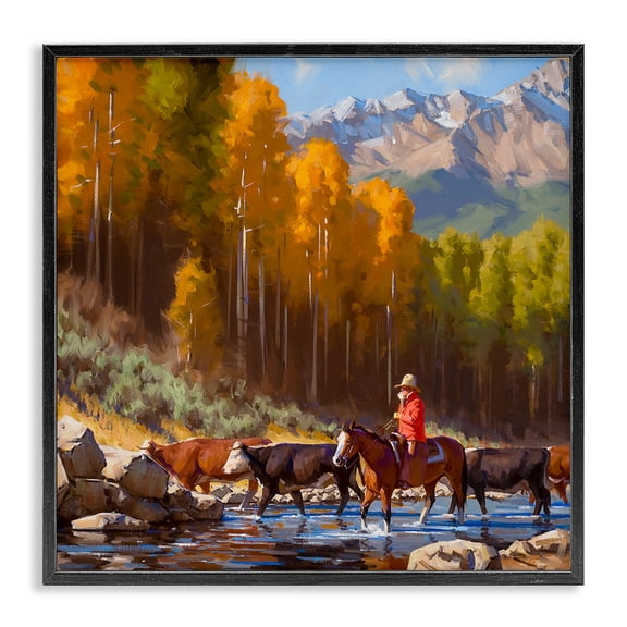 Stupell Industries Rustic Lodge Herding Cattle Through Stream Black Framed Giclee Art, 17 x 17, by Jimmy Dyer