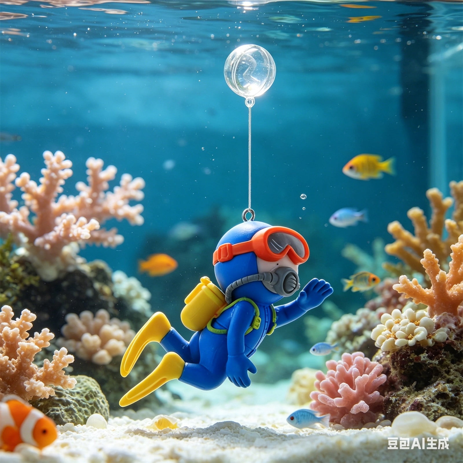 TOUMENY Diver Aquarium Decoration, Floating Diver Ornament with Bubbles for Fish Tank, Adjustable Diving Statue with Fishing Line for Underwater Landscape