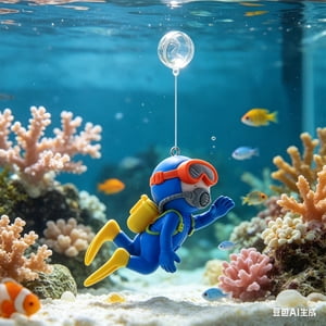 TOUMENY Diver Décoration Aquarium, ornement plongeur flottant avec bulles pour réservoir de poisson, Statue de plongée réglable avec ligne de pêche pour le paysage sous-marin