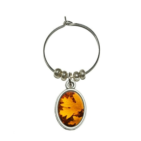 - Gold Orange Leaves - Fall Autumn Colors Oval Wine Glass Charm