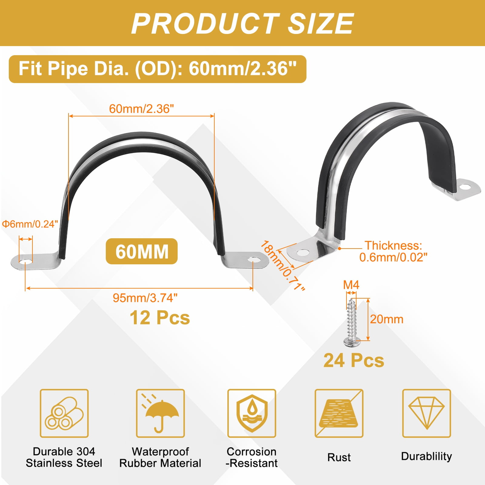 Uxcell 12Pcs 60mm(2-3/8") Cable Clamp, 304 Stainless Steel Rubber Coated Cushion Insulated Cable Clamps U Holder Pipe Strap with M4x20mm Screws for Tube Hose Wire Installation, Black